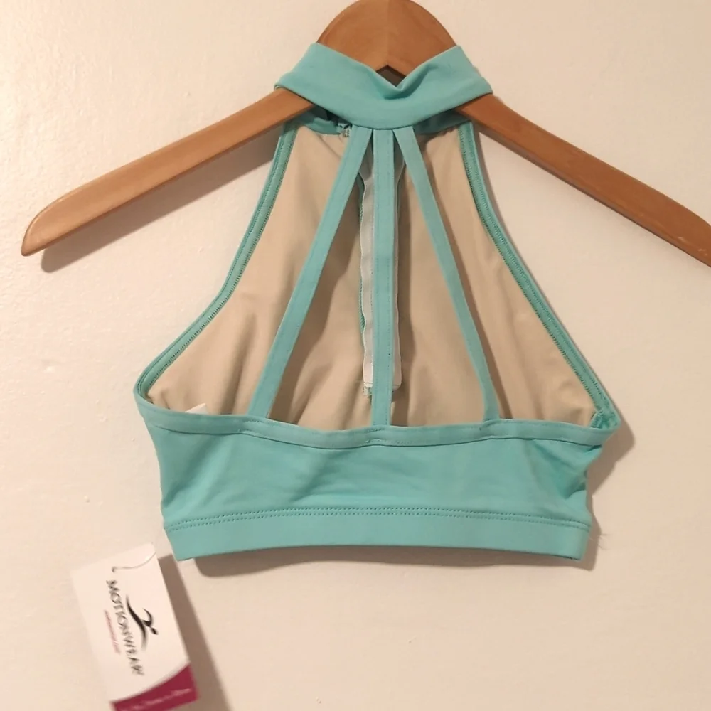 New Motionwear Zip Halter Dance Cheer Yoga Bra Top - Teal Sea Green Aqua size XS - Picture 2 of 3